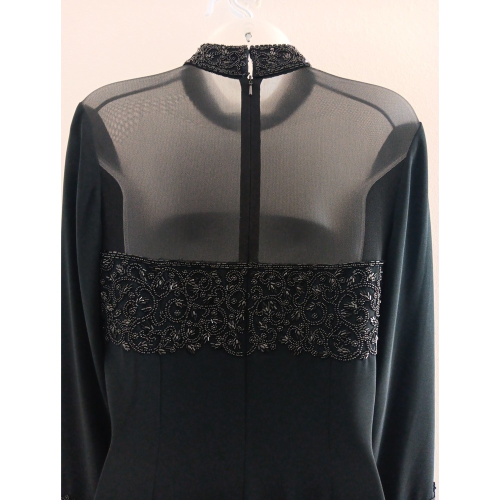 Olga Cassini Jewel‎ Beaded High Neck Dress Black Size Cocktail Party Sheer Midi - Picture 4 of 11
